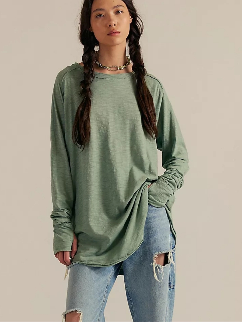 We The Free Long Sleeve Arden Tee in Washed Army, Medium NWT